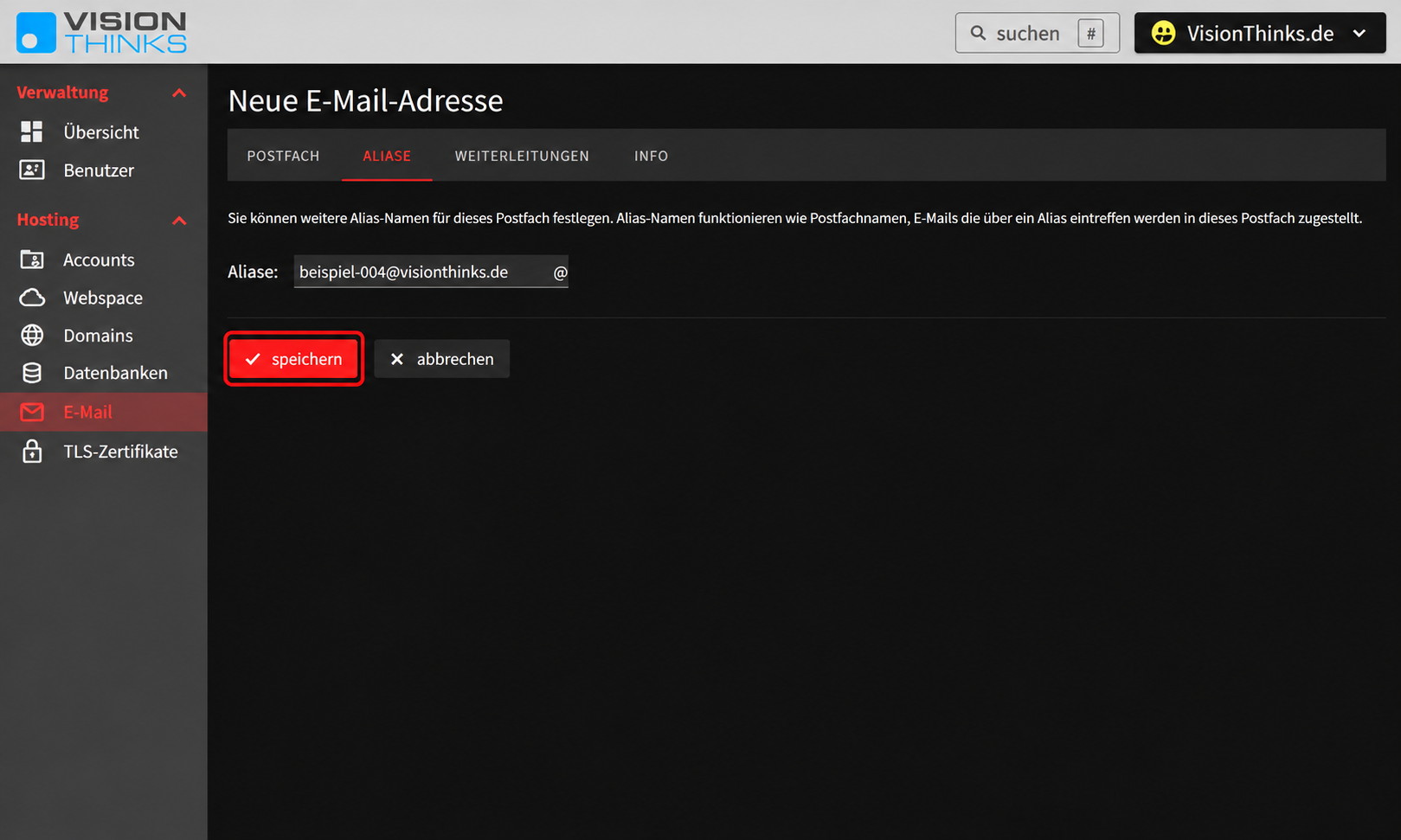 LiveConfig: eine neue E-Mail-Adresse als Alias mit frei definierter Zieladresse einrichten