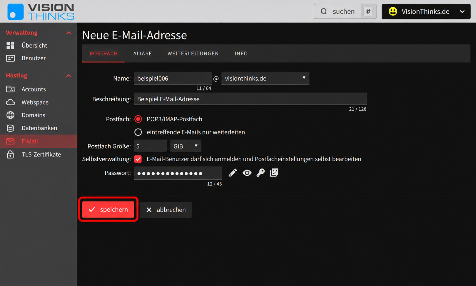 LiveConfig: neues POP3- und IMAP-Postfach mit E-Mail-Adresse, Beschreibung, Speicherplatz und Passwort einrichten
