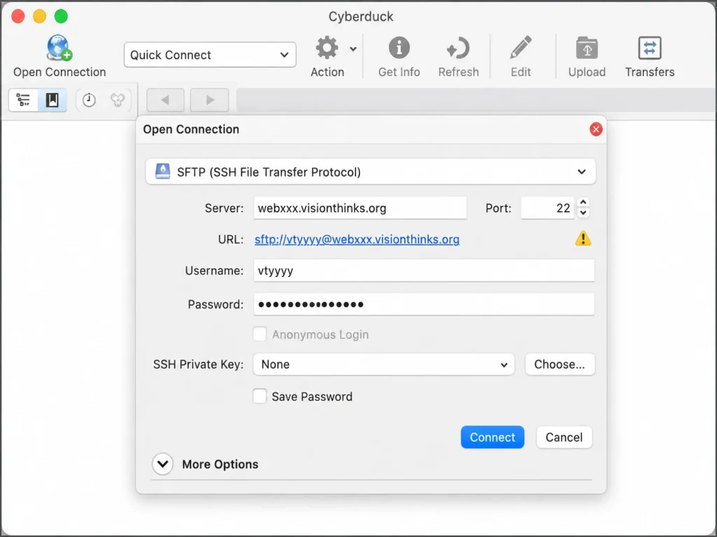Cyberduck: Verbindungsfenster mit den SFTP-Zugangsdaten