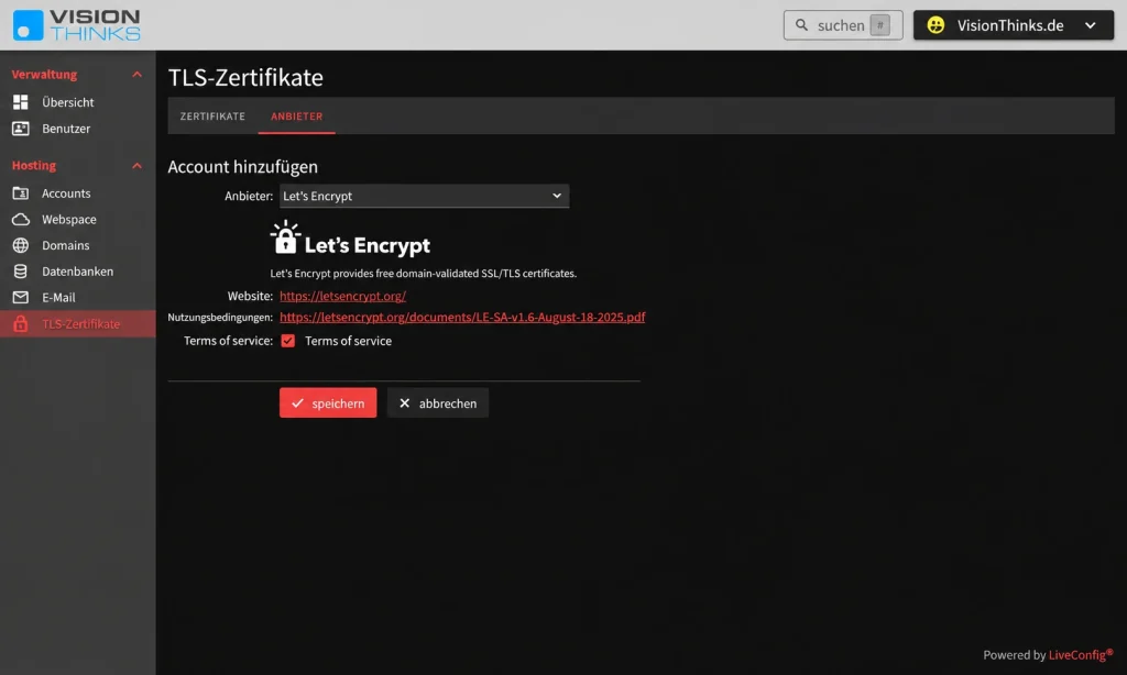 LiveConfig: Let’s-Encrypt-Account anlegen und speichern